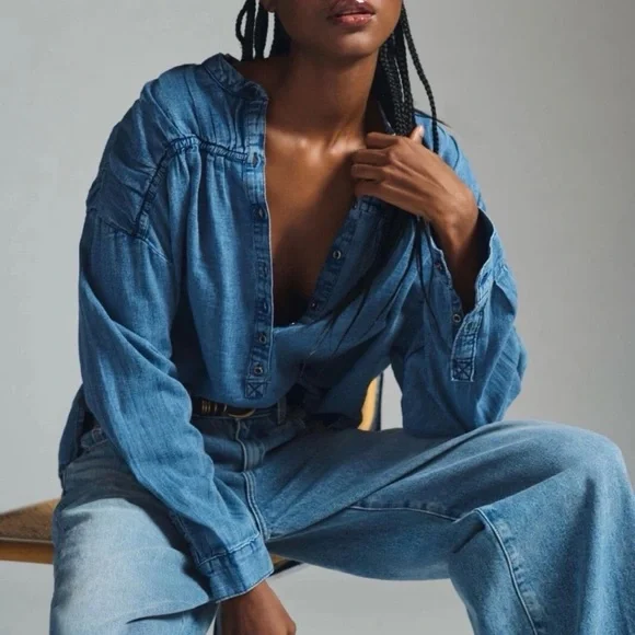 Pilcro Chambray Blue Button Down Shirt - Picture 3 of 6